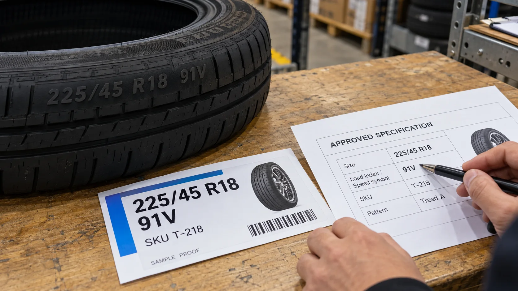 Sample tire tread label showing size and 91V beside an approved-data proof sheet and tire sidewall