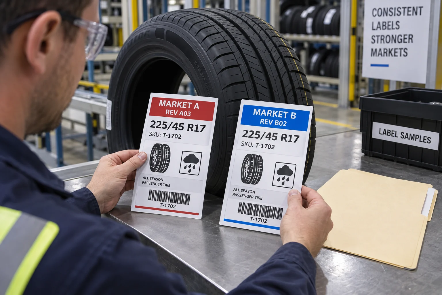 Worker compares two populated market-version tire label samples beside a tire