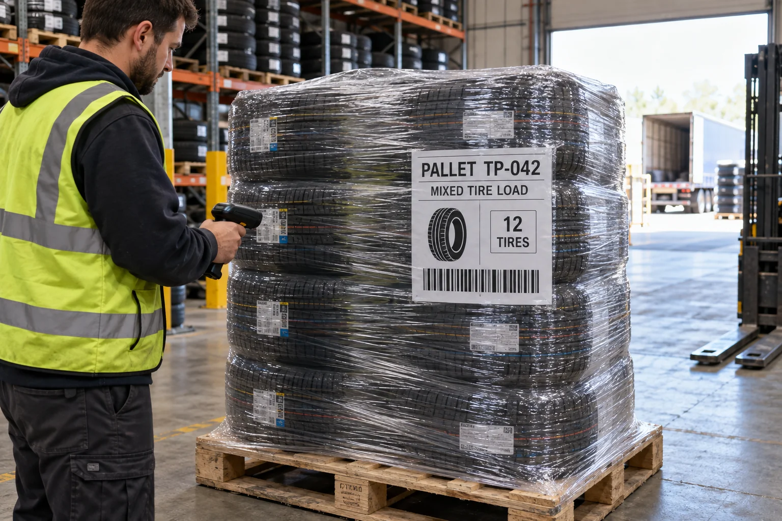 Wrapped stack of tires with a populated outer pallet label visible to a warehouse scanner