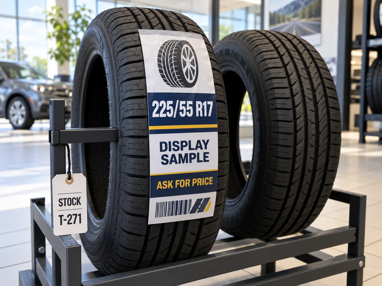 Display tire with populated customer-facing label beside a separate fictional inventory ID tag