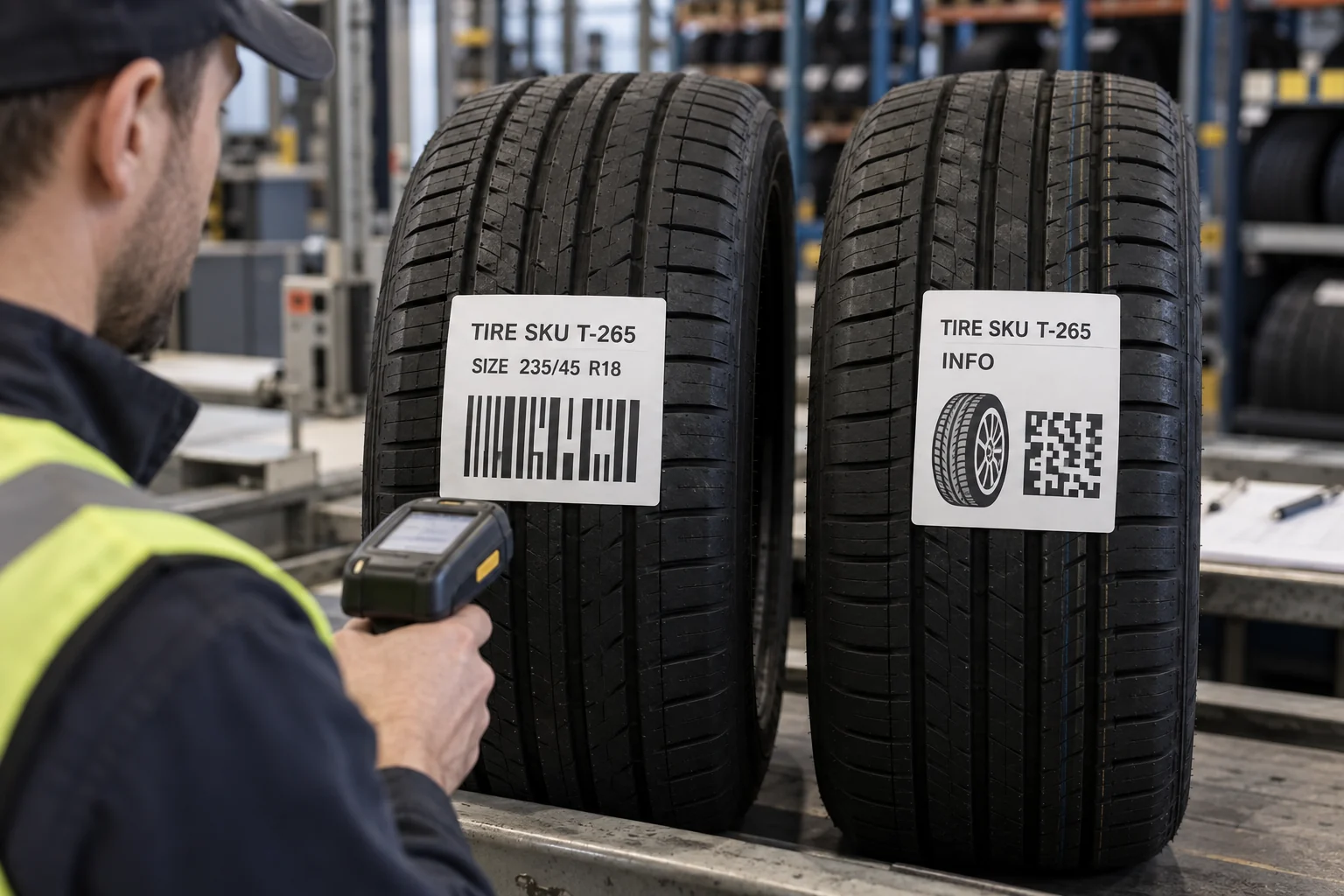 Two tire label samples with human-readable SKU and distinct barcode-like and matrix-like motifs