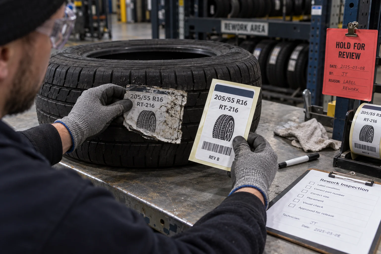 Technician compares damaged tire label with a populated replacement label at a rework bench