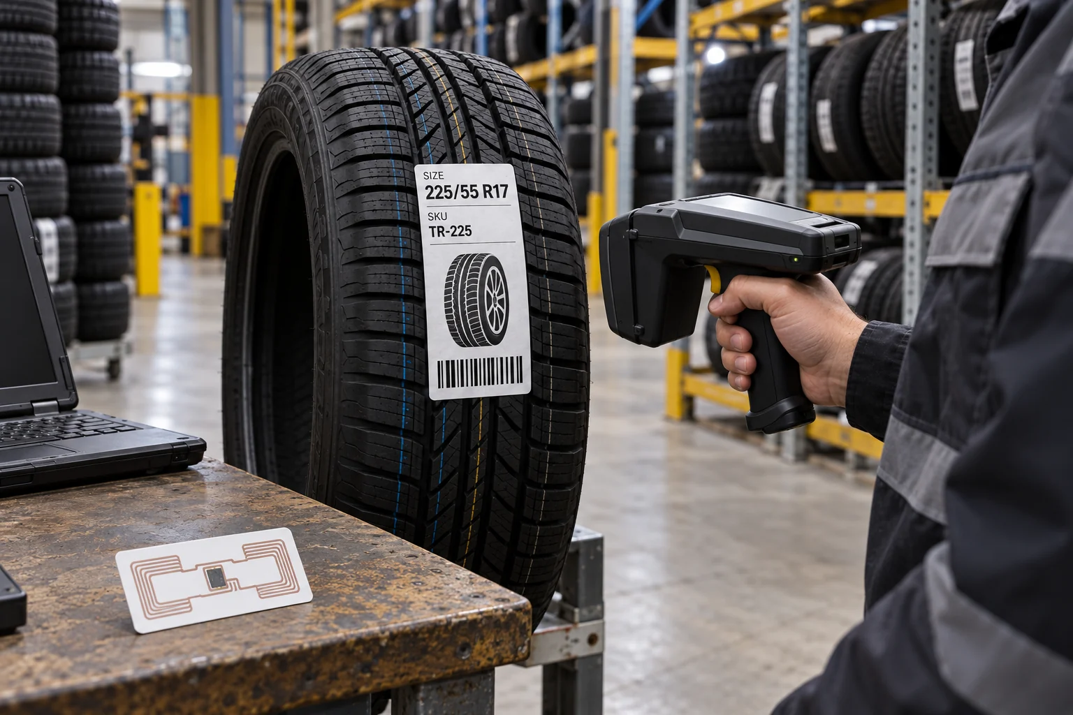 Tire with populated fictional tread label beside a separate RFID inlay sample