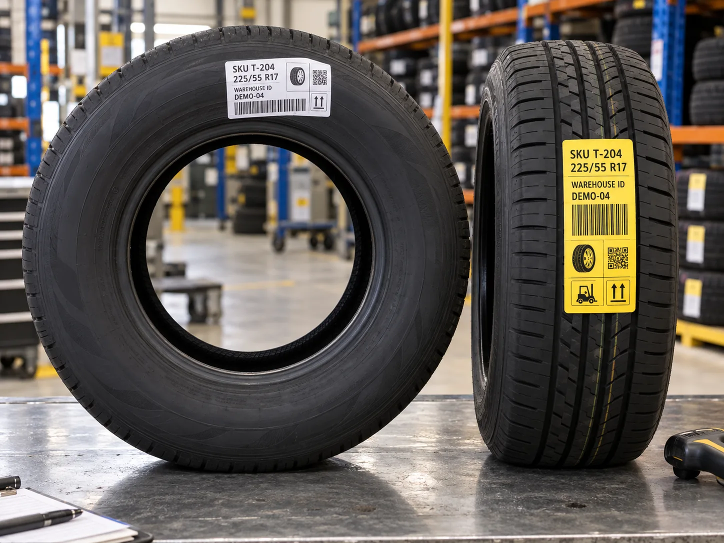 Two tires showing populated fictional warehouse barcode labels on the sidewall and tread