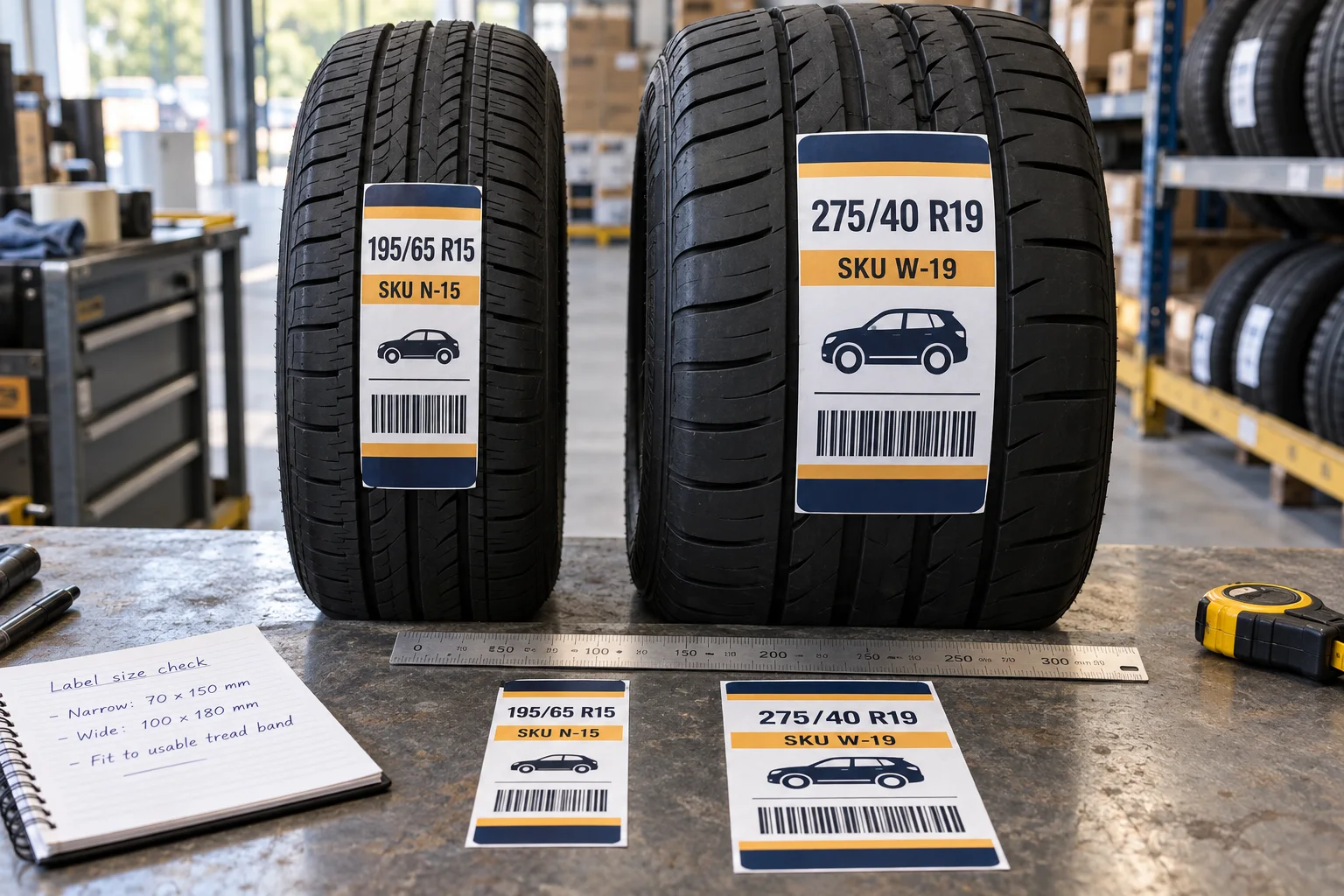 Narrow and wide tire treads with different populated label sizes and physical proof samples