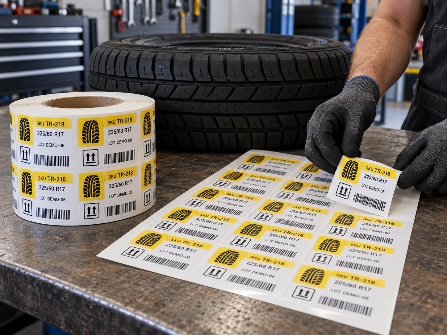 Worker compares populated tire tread labels supplied as a roll and a flat sheet for hand application