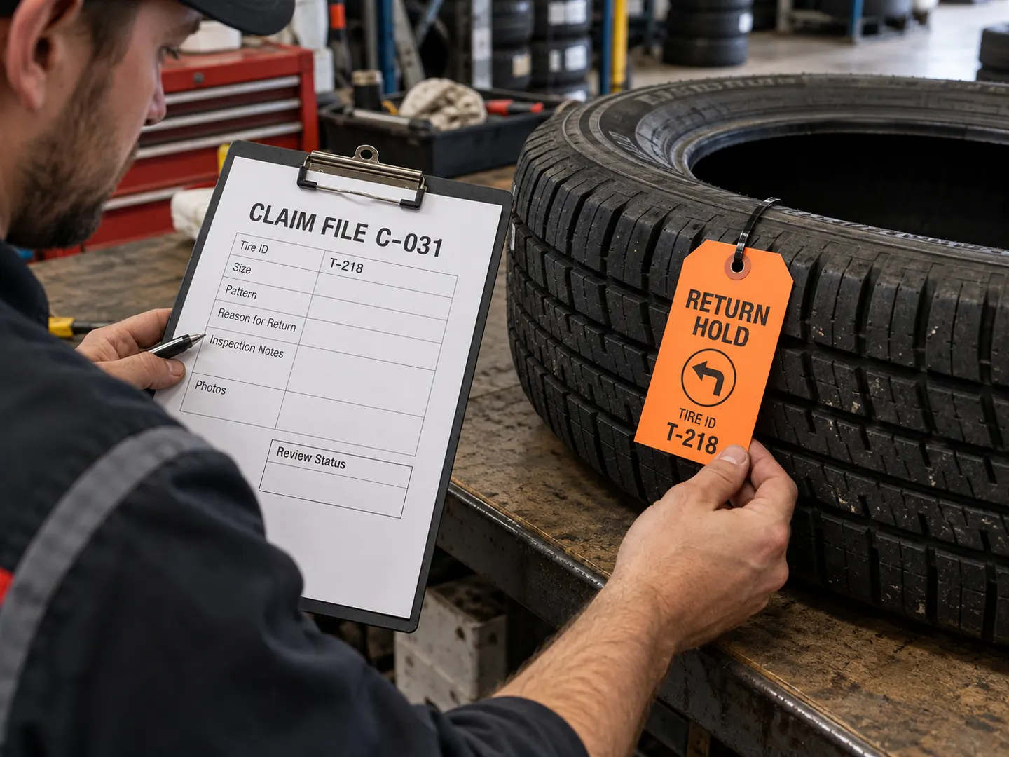 Returned tire with orange hold tag T-218 beside a separate claim file C-031