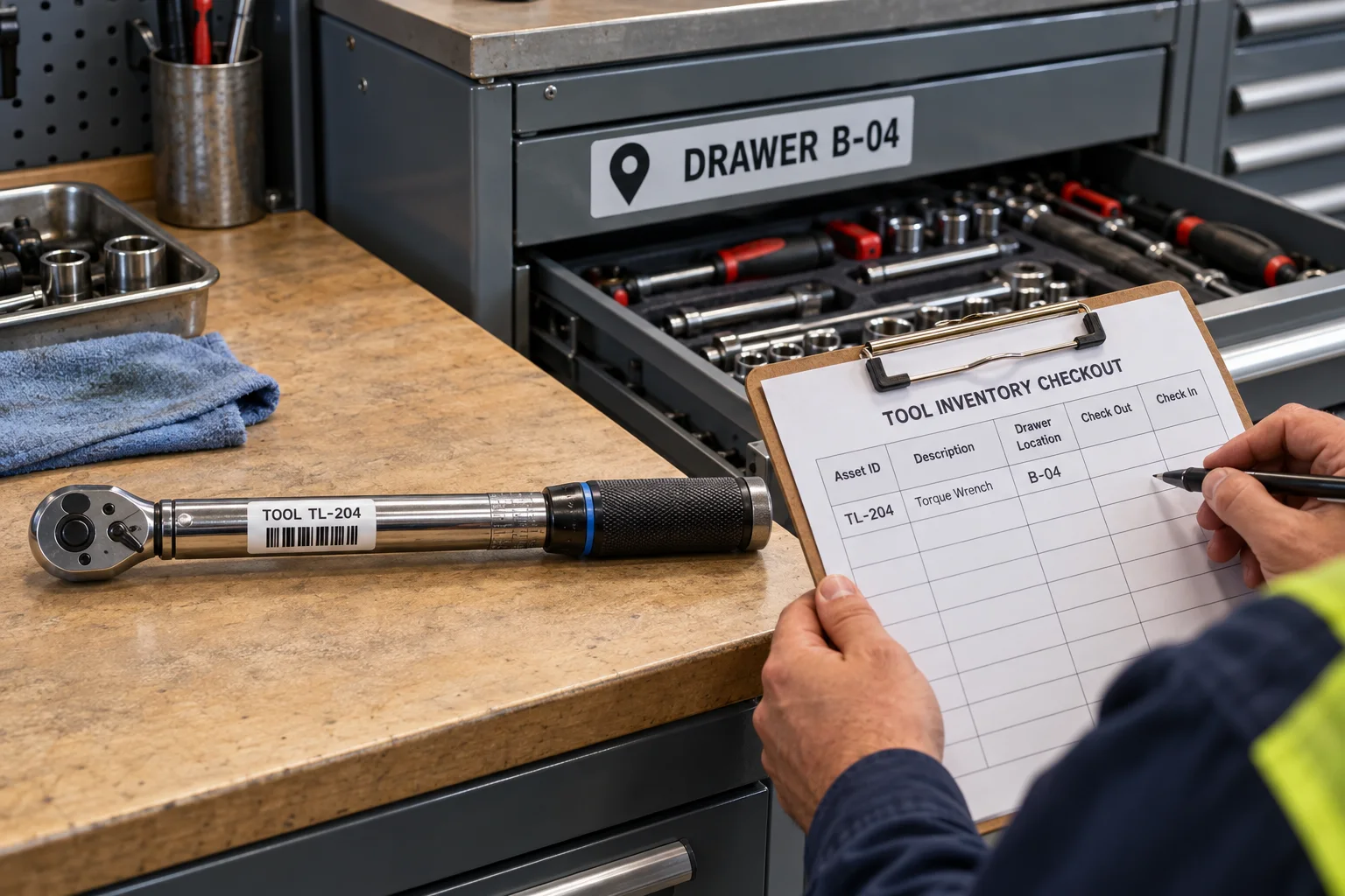 Torque wrench asset tag TL-204 compared with separate tool crib drawer B-04 label