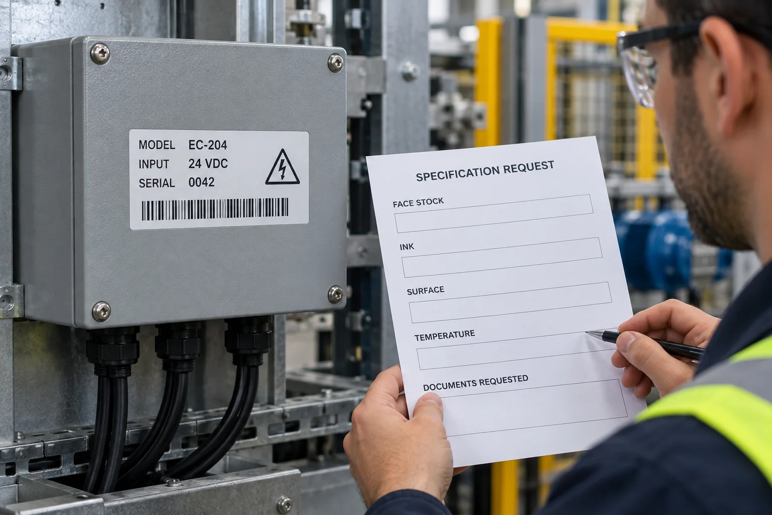 Populated sample equipment rating label beside an unfilled label-system specification request sheet