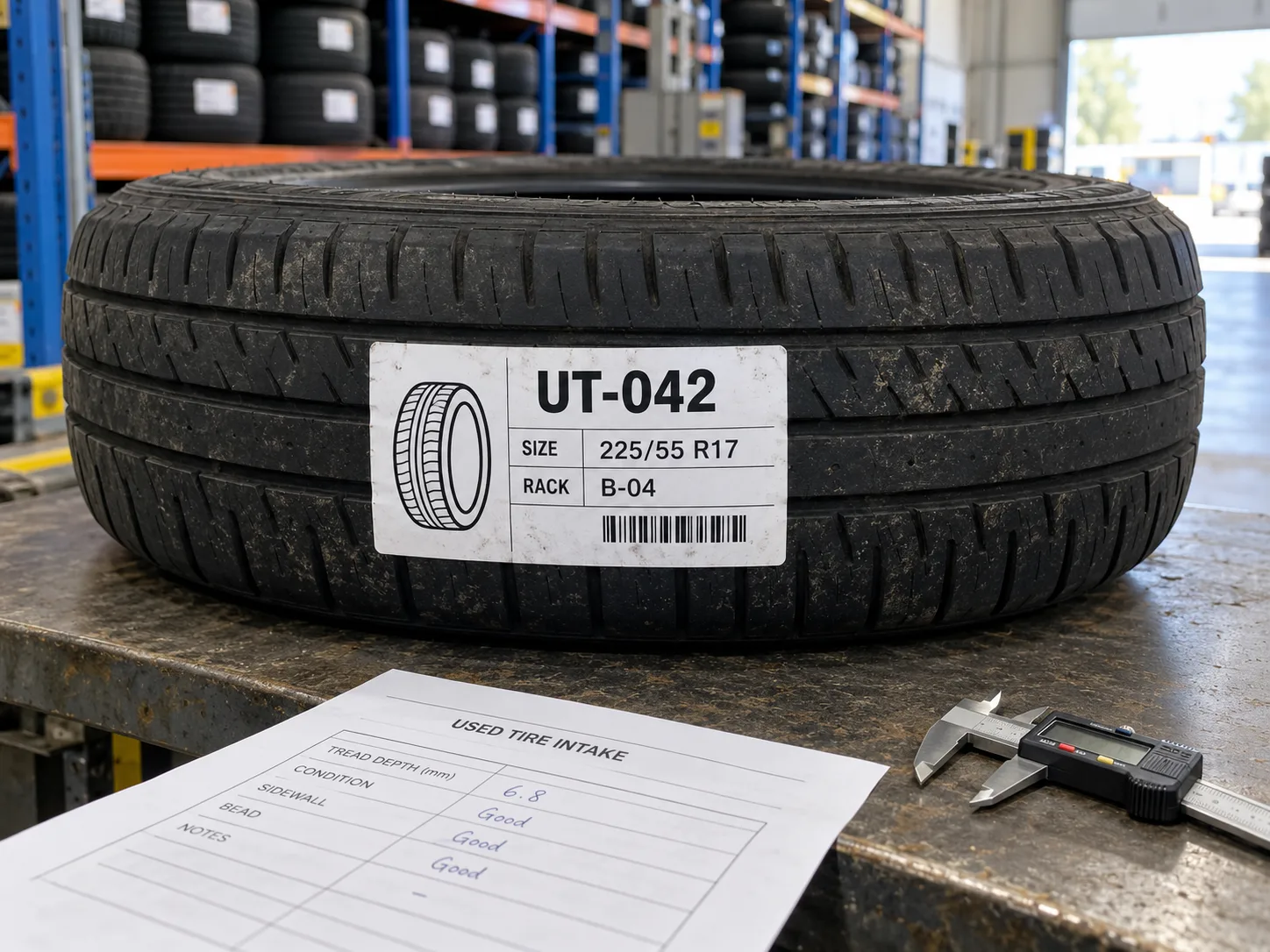 Used tire with populated inventory ID UT-042 beside a separate inspection worksheet at intake