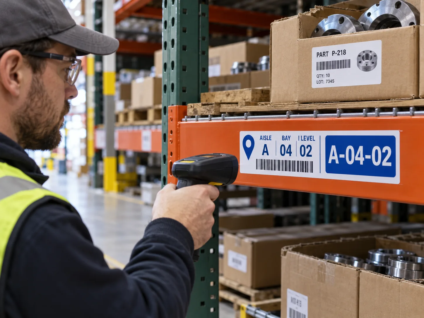 Worker scans rack-beam location label A-04-02 beside a separately labeled parts carton