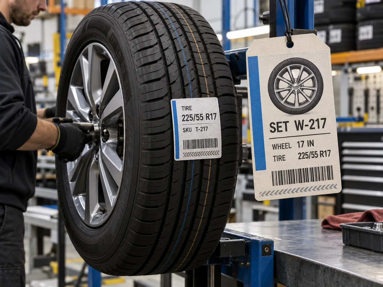 Mounted wheel and tire with separate populated tire size label and wheel-tire assembly set tag