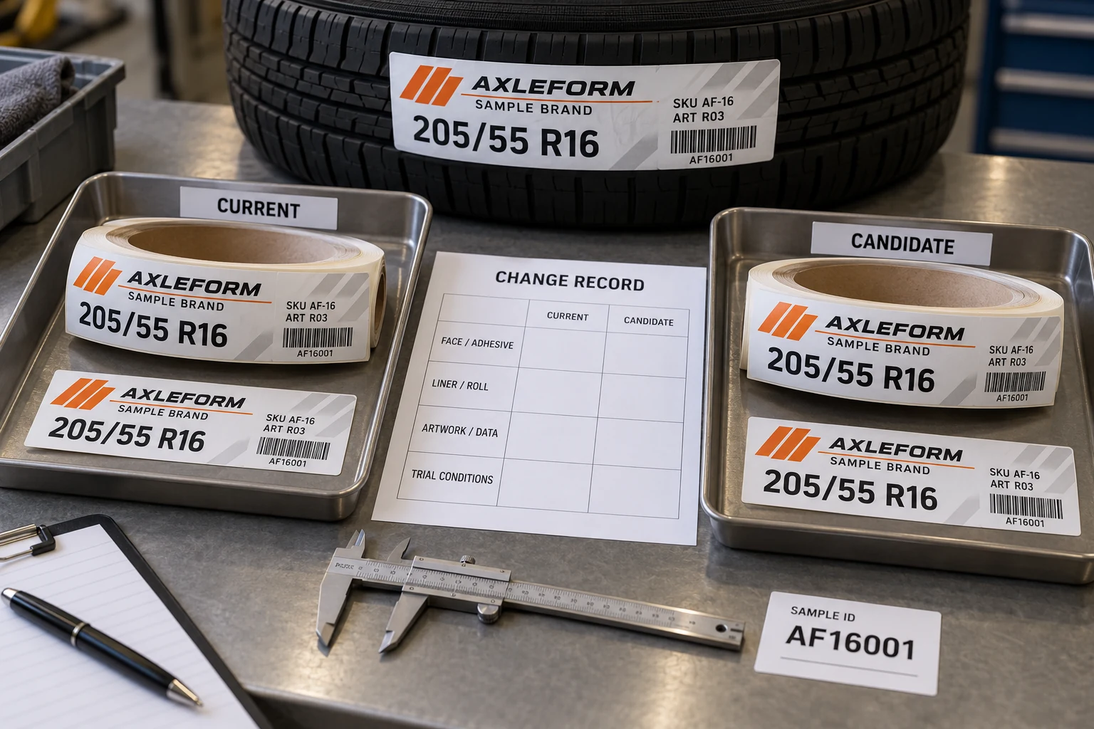Current and candidate branded tire-label samples separated into trays beside a change-record sheet.