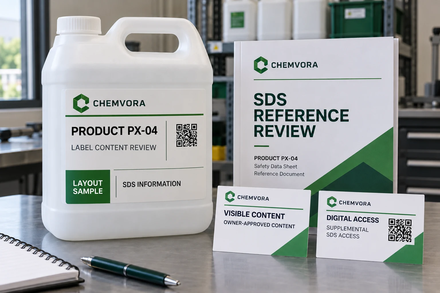 CHEMVORA non-production layout sample separates owner-approved visible content from supplemental SDS access.