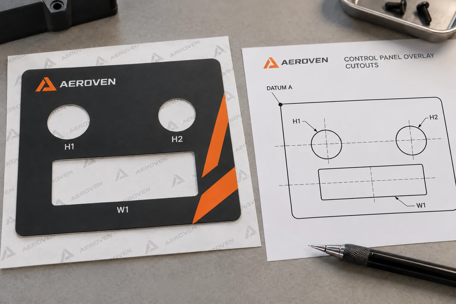 AEROVEN overlay and review drawing identify H1, H2 and W1 from a common datum without prescribing dimensions.