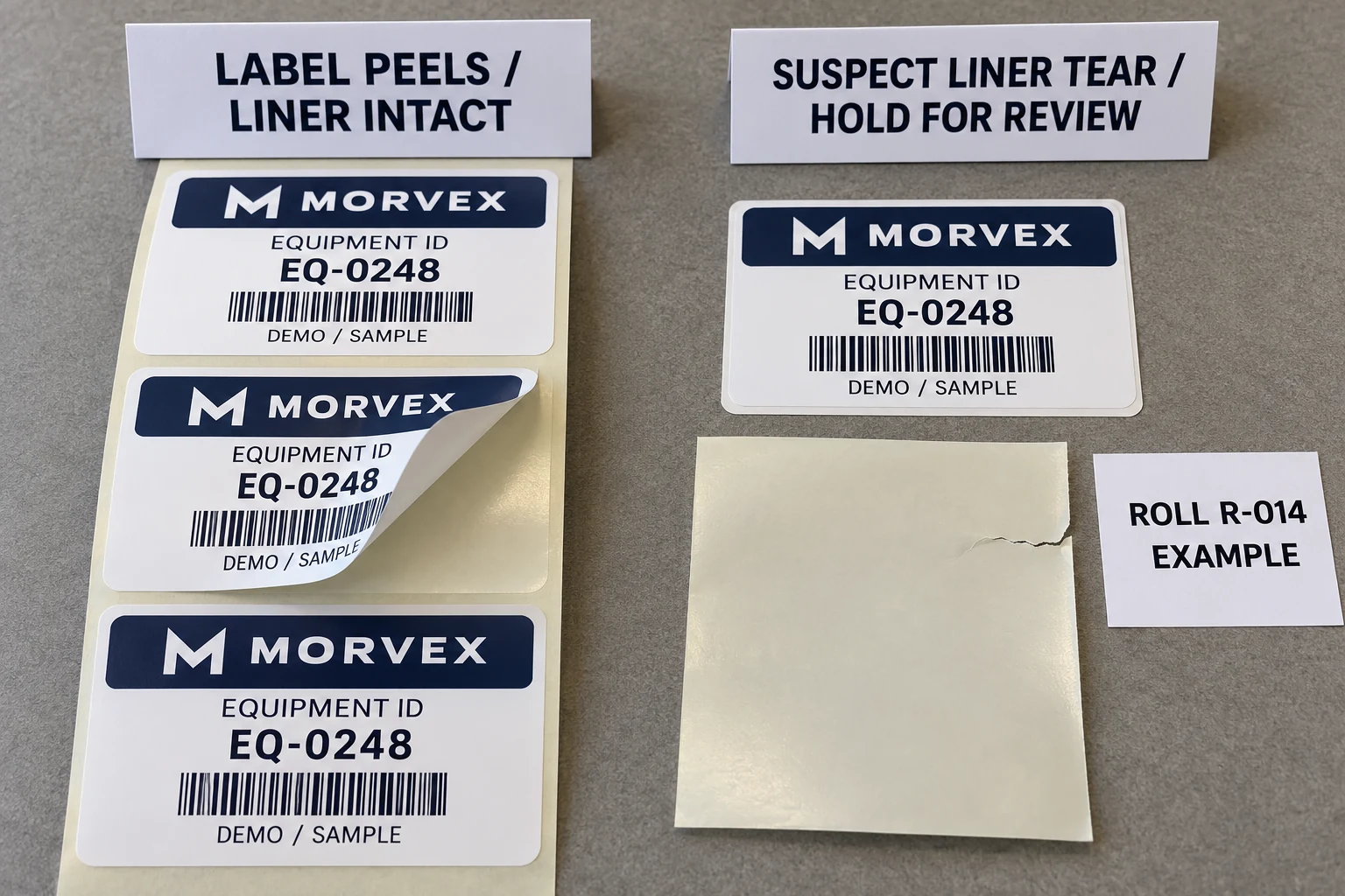 MORVEX sample labels compare a label peeling from intact liner with a separate suspect torn-liner sample held for review.