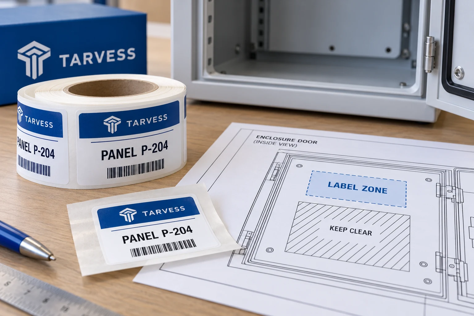 TARVESS label sample and enclosure drawing show a proposed label zone separate from a keep-clear area.