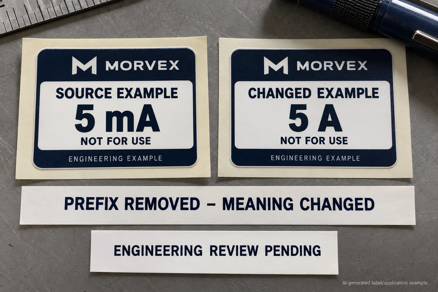 Two MORVEX proof samples compare the hypothetical expressions 5 mA and 5 A, with engineering review pending.