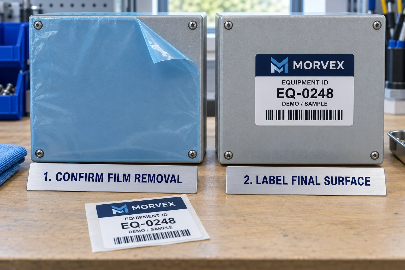 Two MORVEX sample enclosure panels compare confirmation of film removal with labeling the final surface.