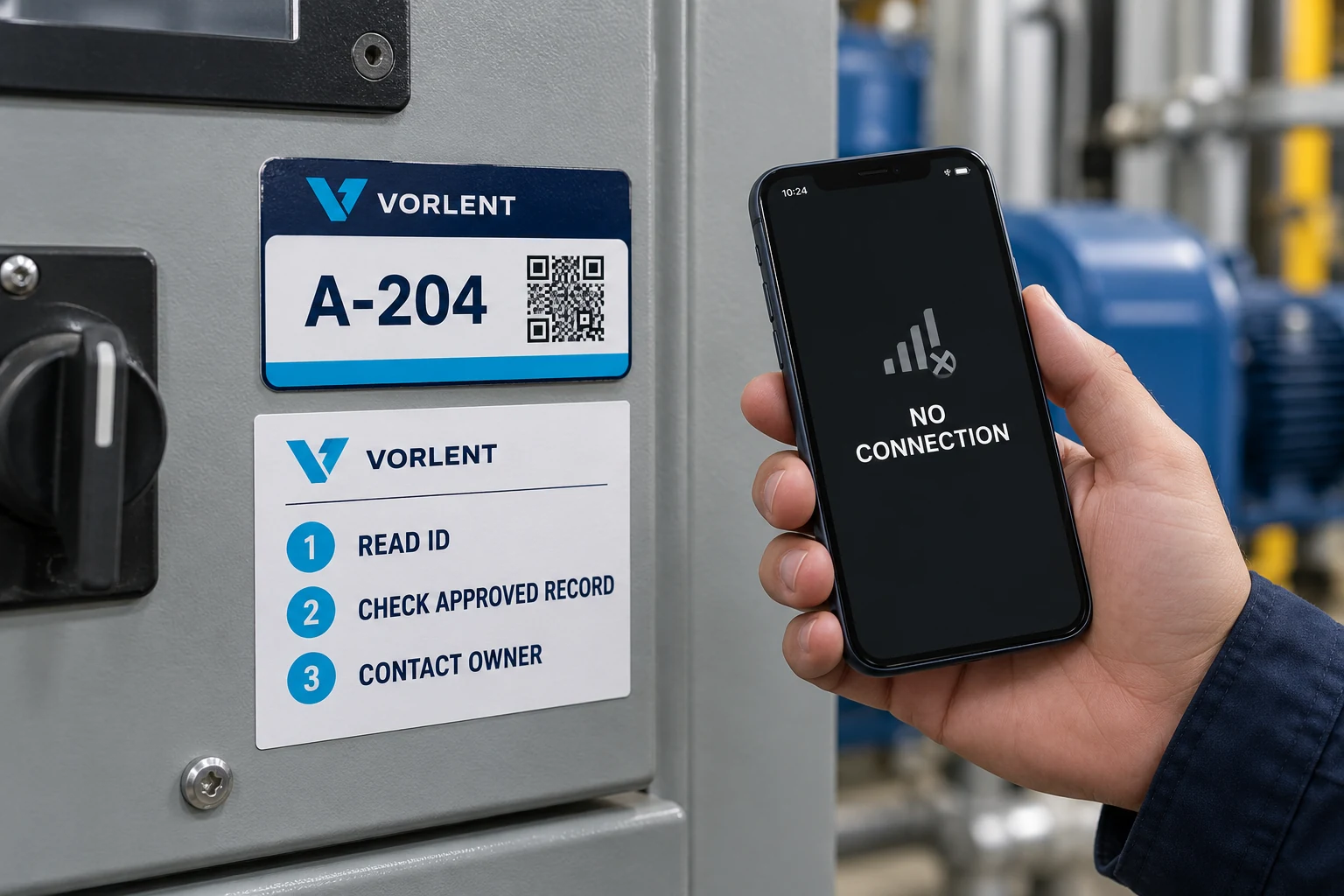 VORLENT readable asset A-204 remains available beside a staged offline fallback instruction card.