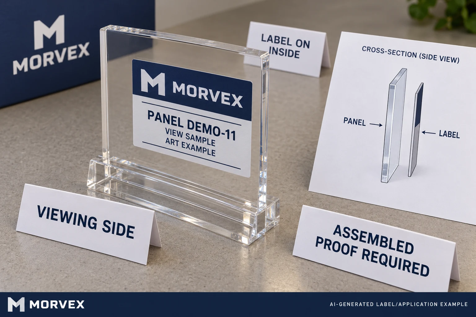 A clear sample panel and populated MORVEX label show the intended viewing side, inside label position and a simple two-layer sketch.