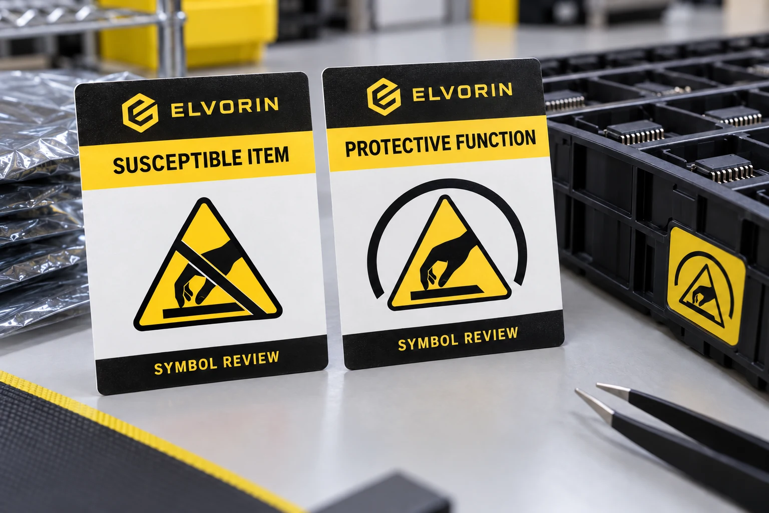 ELVORIN review cards distinguish a slashed susceptibility symbol from an arc-marked protective-function example.