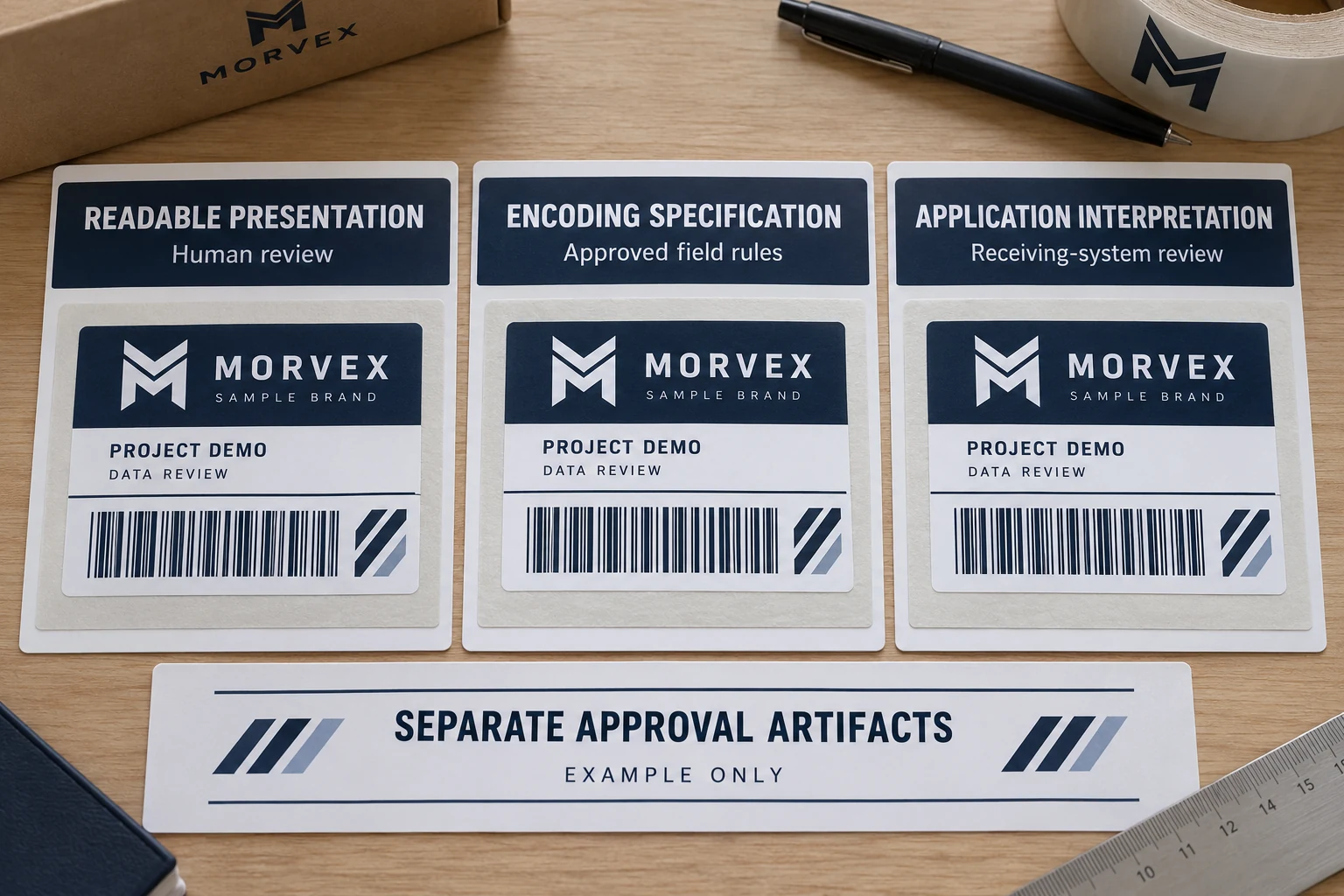 MORVEX example label samples sit beside three physical cards for readable presentation, encoding specification and application interpretation.