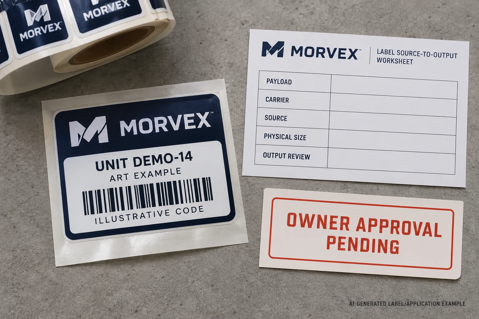 A populated MORVEX sample label sits beside a source-to-output record separating payload, carrier, source, physical size and output review.