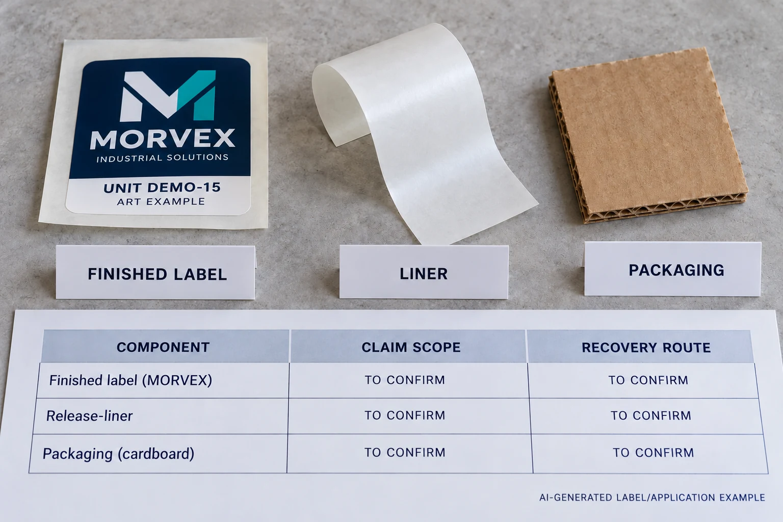 A MORVEX sample label, liner strip and packaging piece sit beside separate claim-scope and recovery-route review cards.