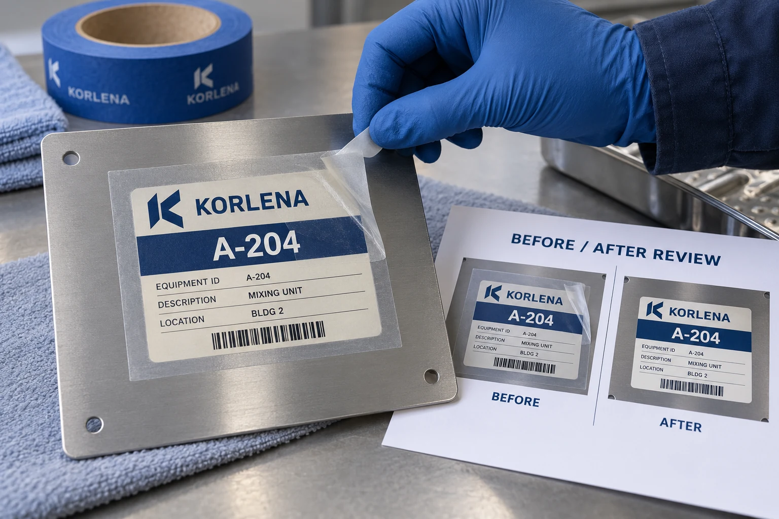 KORLENA demonstration panel shows a temporary cover being lifted for a staged before-and-after review.