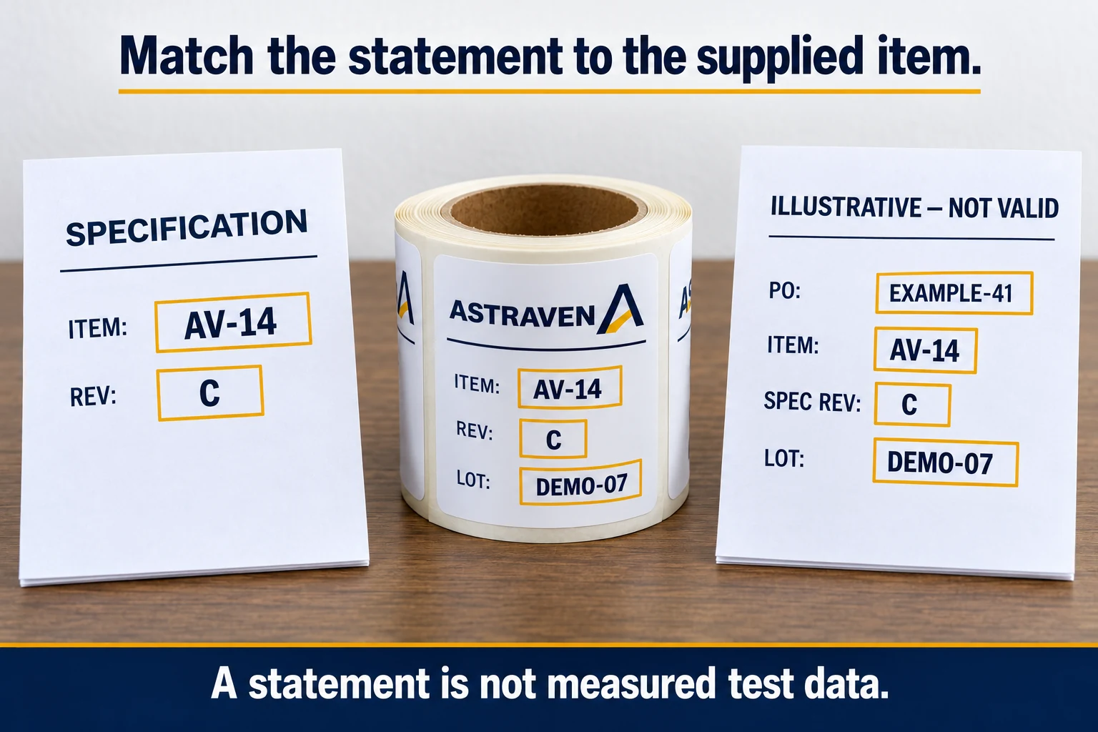 Illustrative specification, ASTRAVEN label and invalid sample statement link matching AV-14 and REV C references.