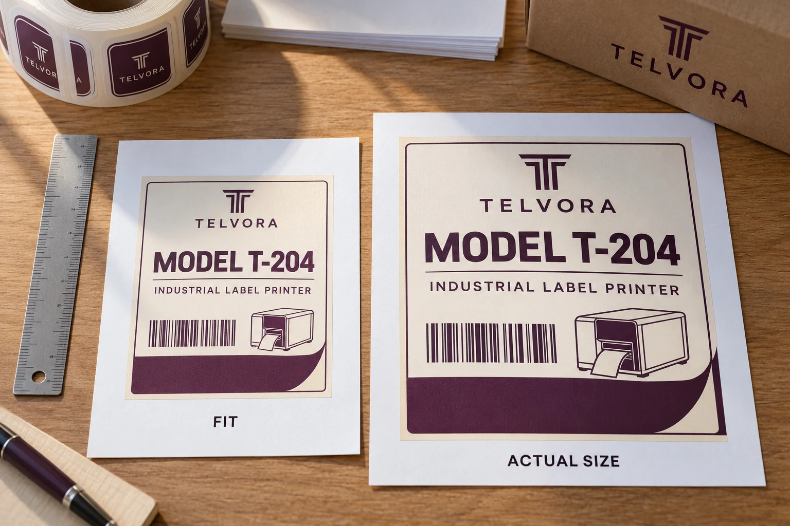 TELVORA paper proofs compare fit-scaled and actual-size presentations beside a ruler.