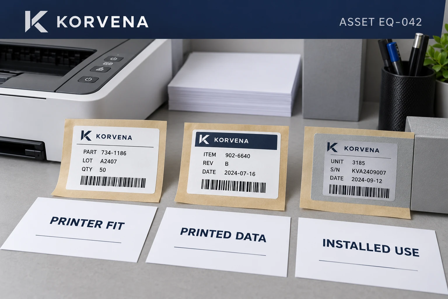 KORVENA samples and a three-part review card distinguishing printer processing, printed content and installed use