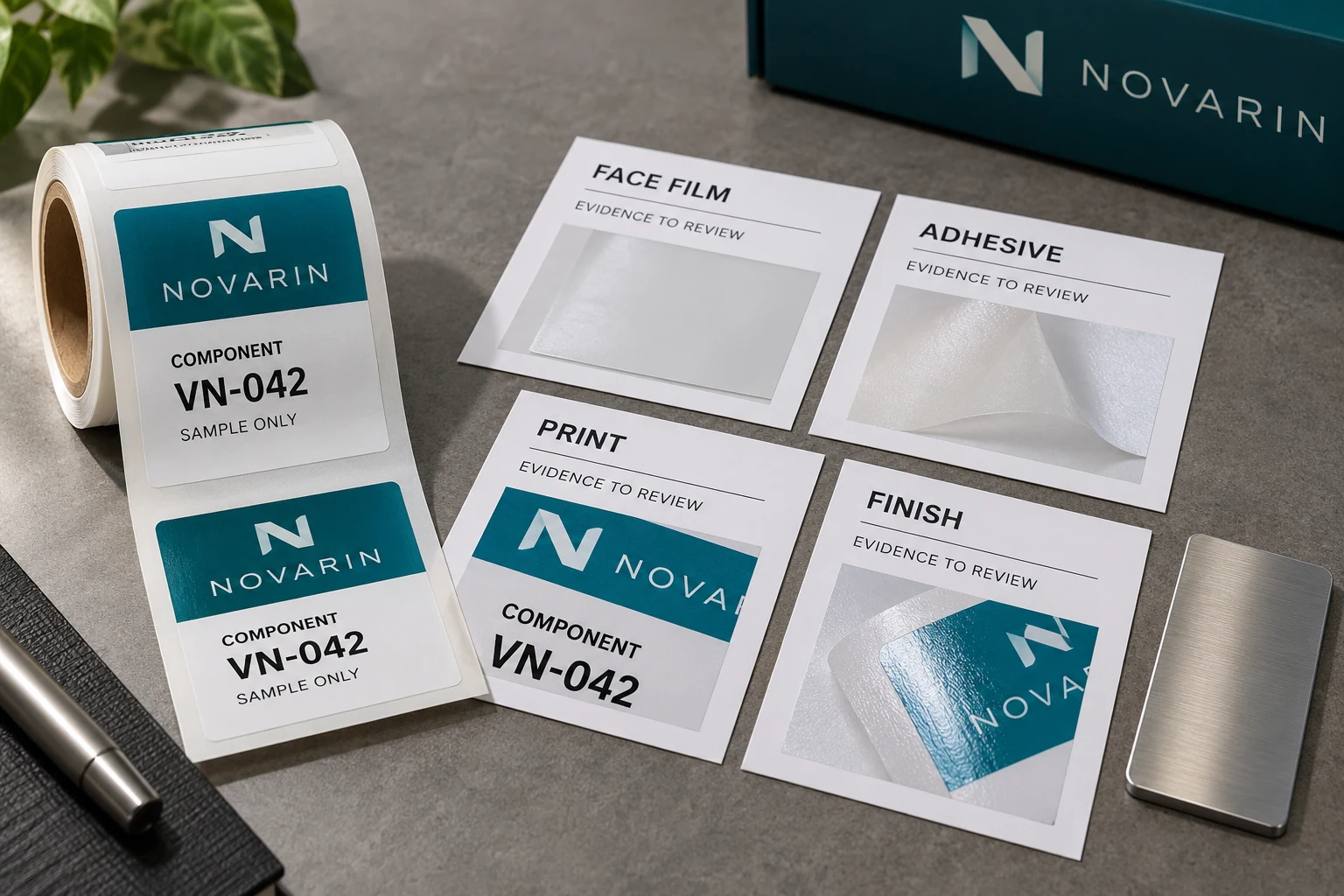 NOVARIN label specimen and separate material evidence cards for film, adhesive, print and finish
