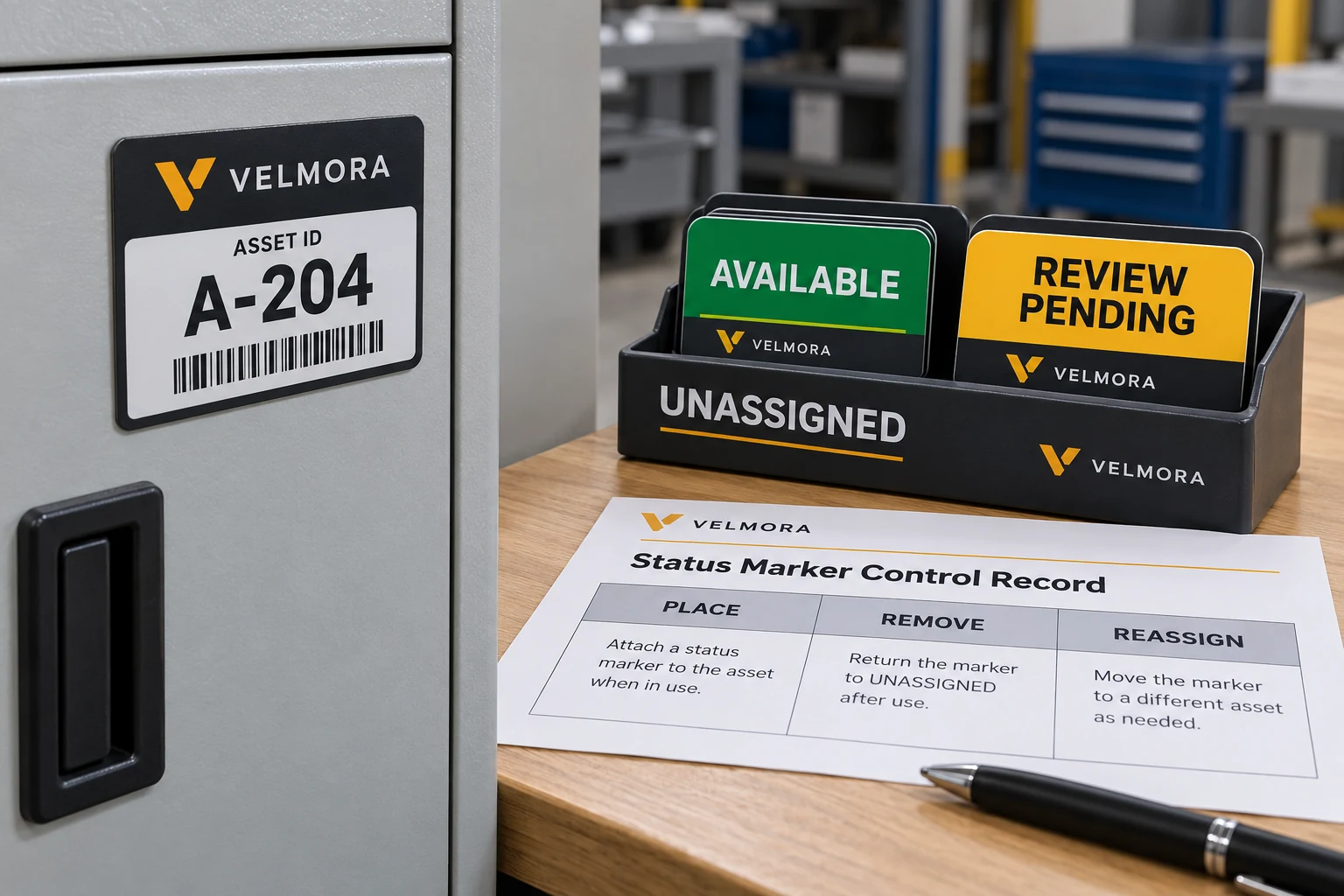 VELMORA unassigned status markers are stored separately from the cabinet's fixed asset A-204 label.