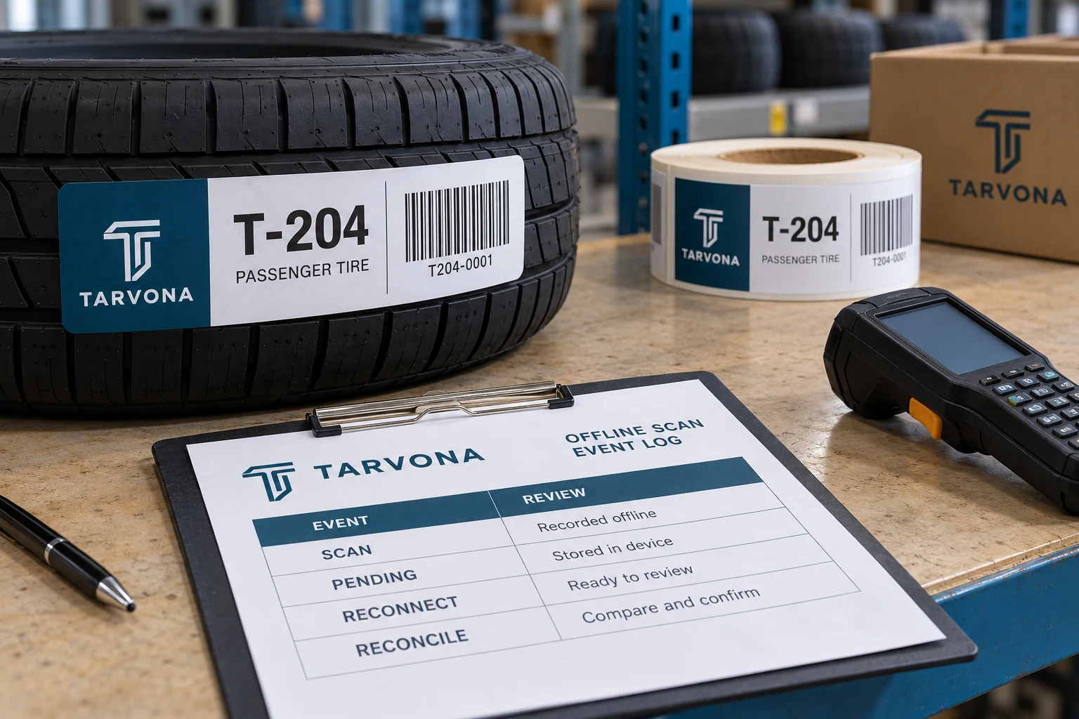 TARVONA tire labels and a staged offline event log distinguish scan, pending, reconnect and reconciliation.