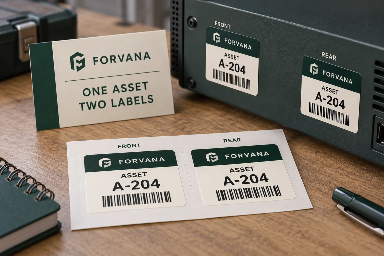 FORVANA matched front and rear label members repeat A-204 for one illustrative asset set.