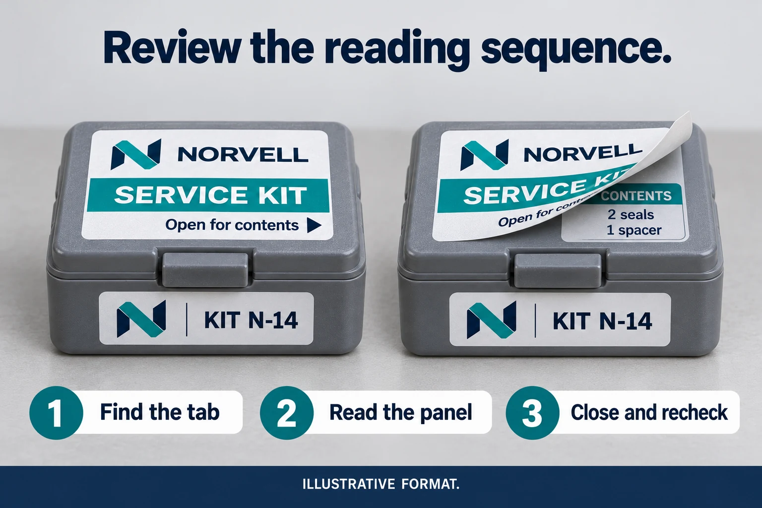 Closed and opened fictional NORVELL service-kit labels illustrate finding the tab, reading the panel and closing it again.