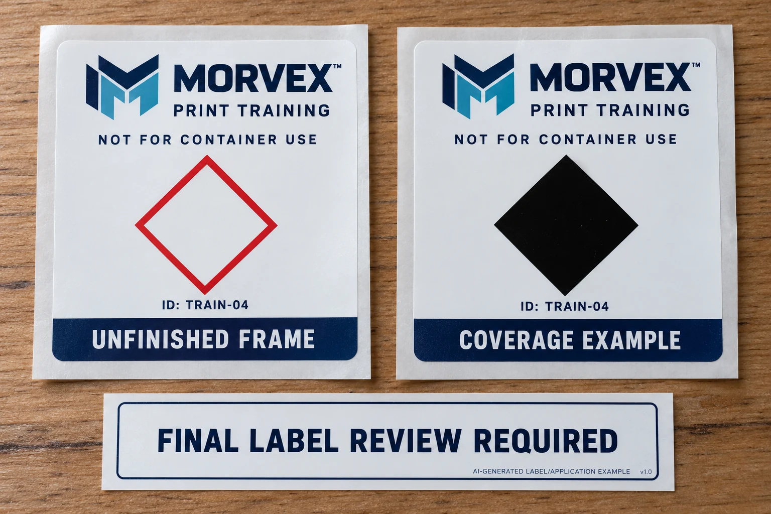Two MORVEX training-only label proofs compare an unused empty red frame with a completely opaque black coverage example.