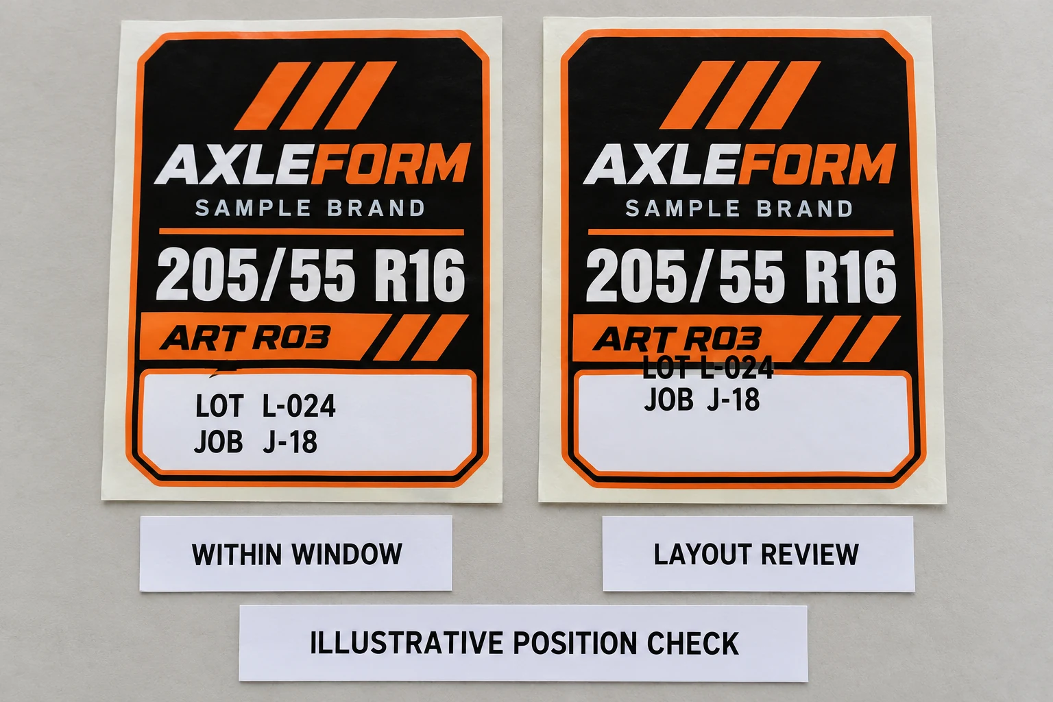 Two AXLEFORM sample tire labels compare variable text inside its reserved window with the same text shifted onto the fixed graphic.