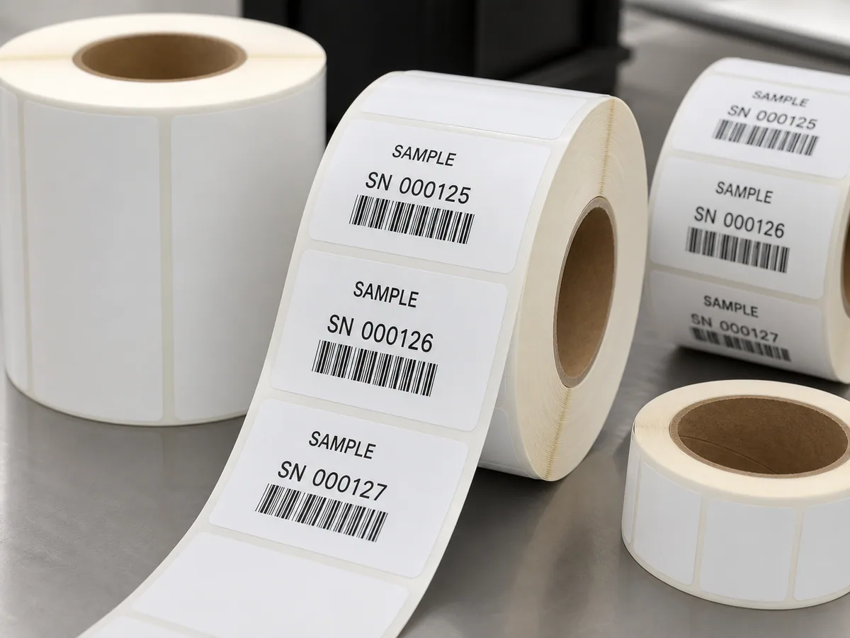 Custom labels printed with barcodes QR codes and serial numbers