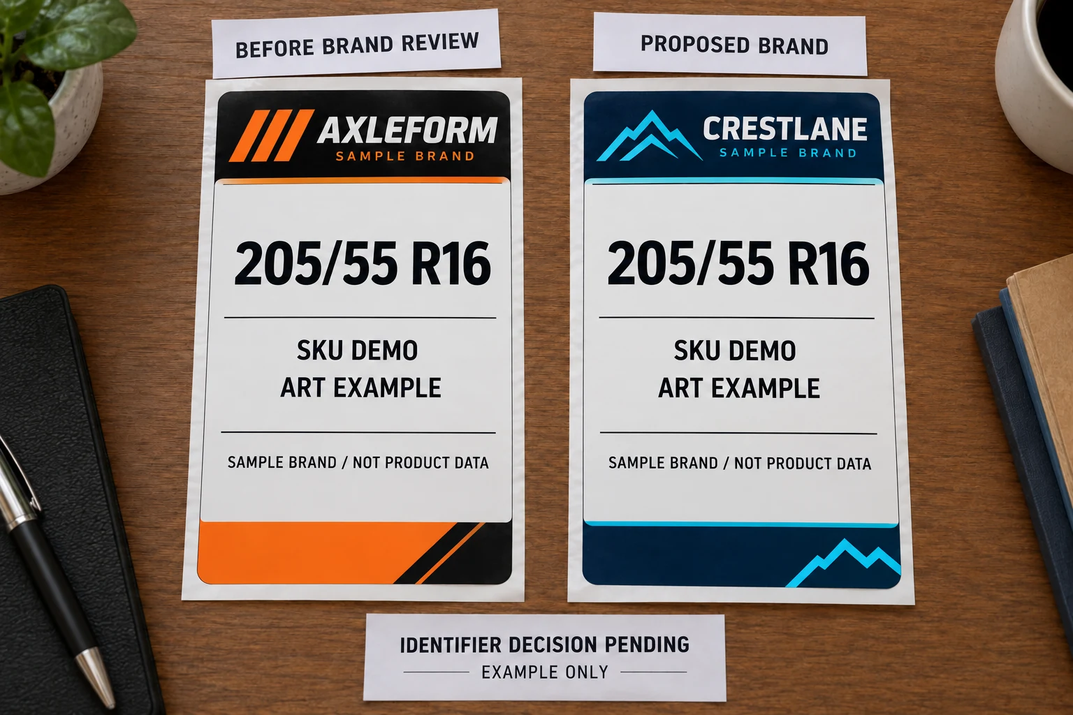 Two fictional tire-label designs show AXLEFORM before review and CRESTLANE as a proposed primary brand, with the identifier decision still pending.