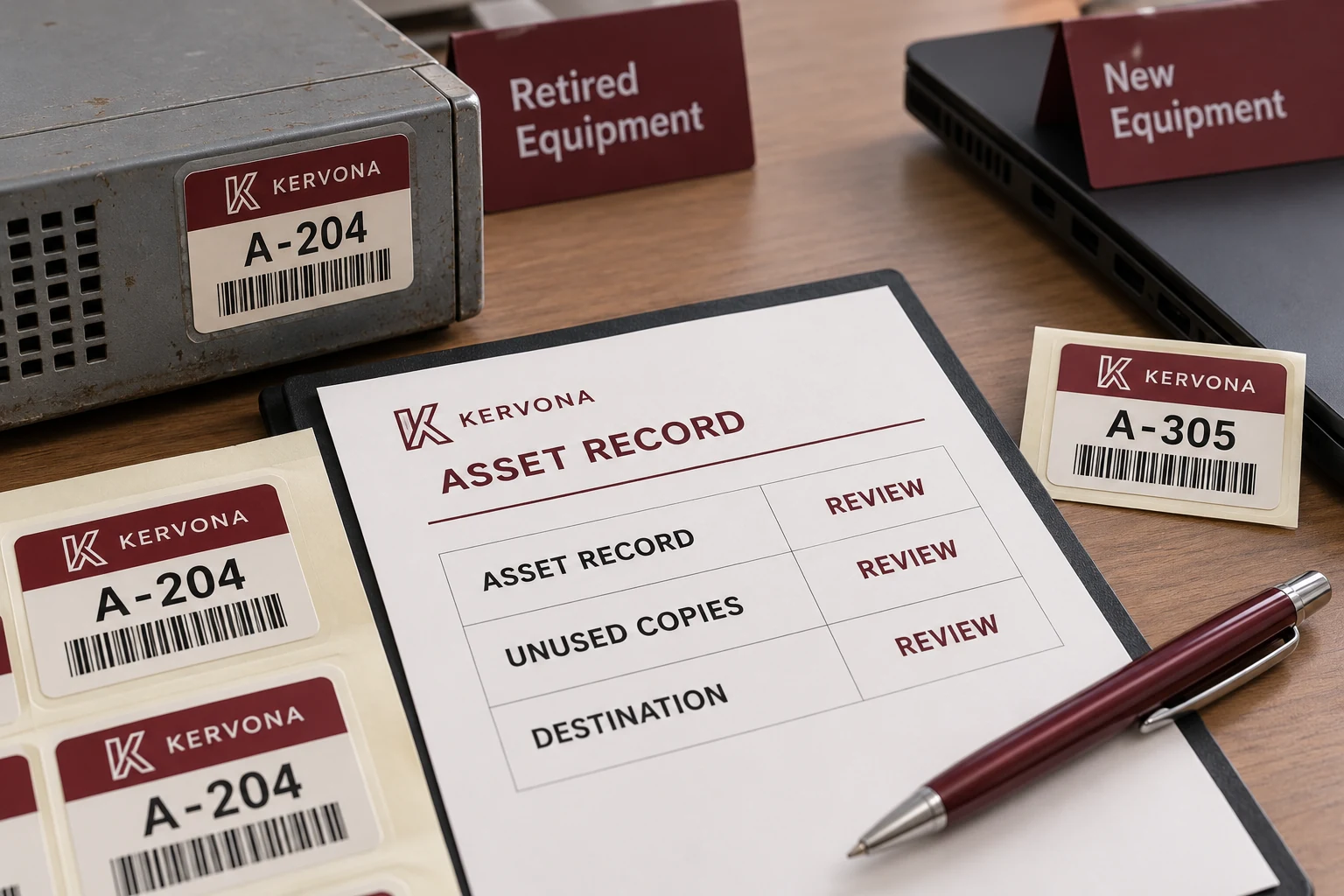 KERVONA closeout example separates retired A-204 labels from a proposed new A-305 identity.