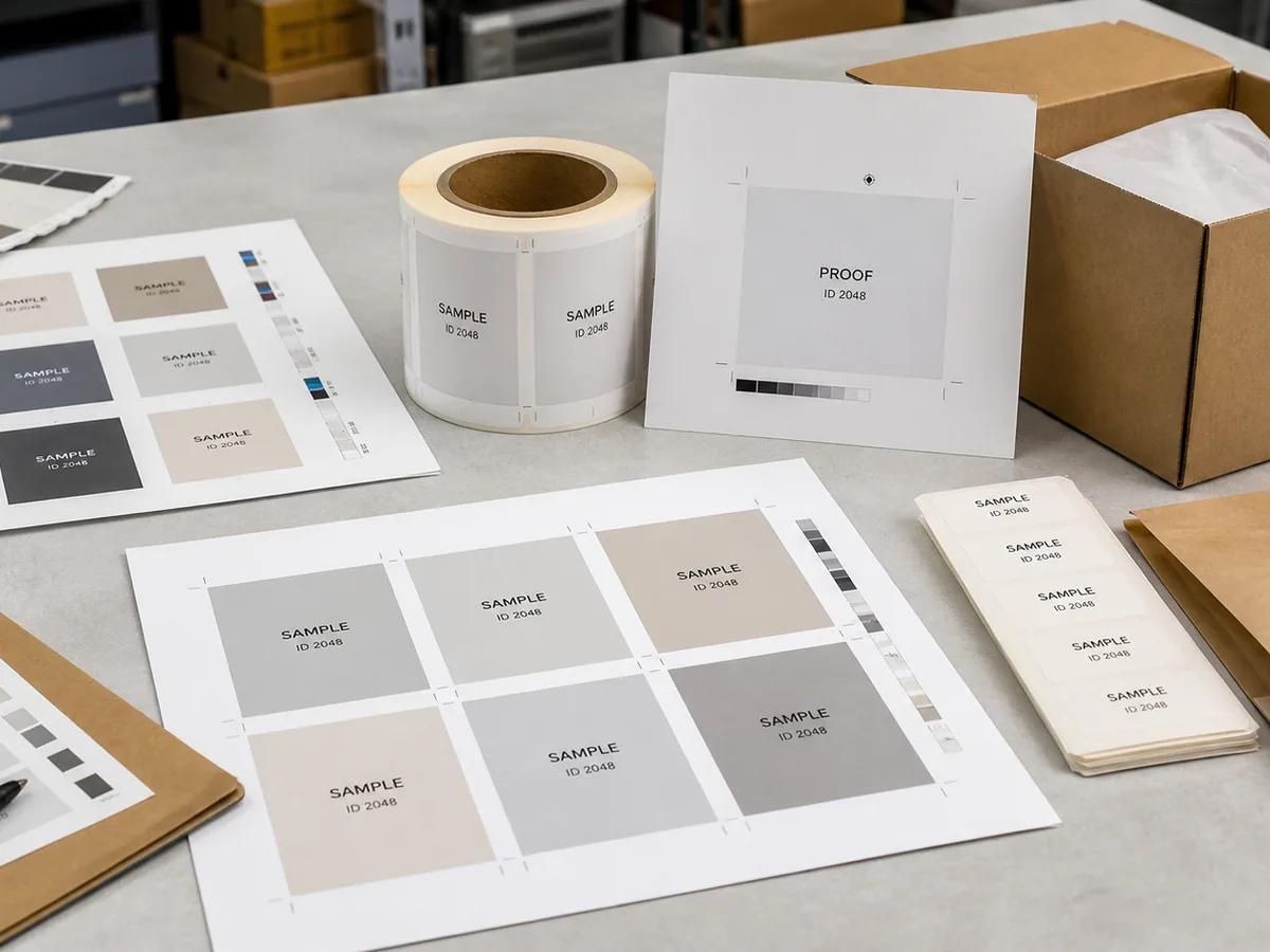 Custom label samples next to digital proof sheets