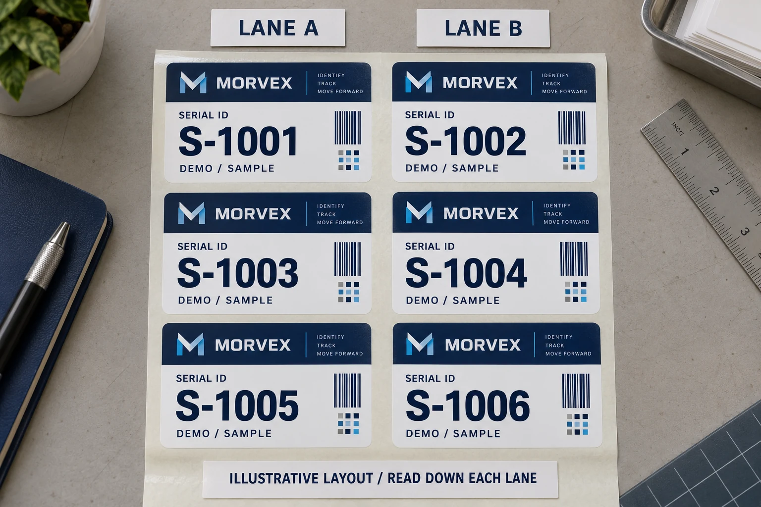 Six MORVEX sample serial labels arranged in two lanes and three rows, with odd-ending IDs down lane A and even-ending IDs down lane B.