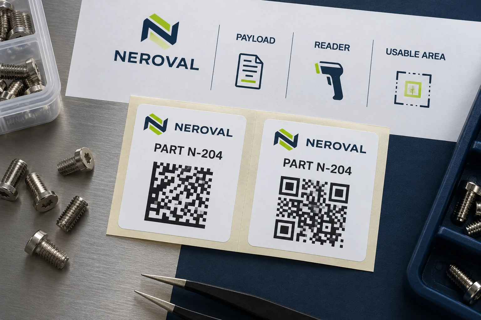 NEROVAL physical Data Matrix and QR concept proofs are compared with payload, reader and usable-area review fields.