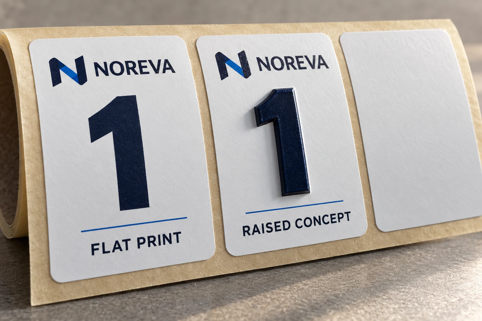 Fictional NOREVA label samples compare a flat printed numeral with a raised numeral concept