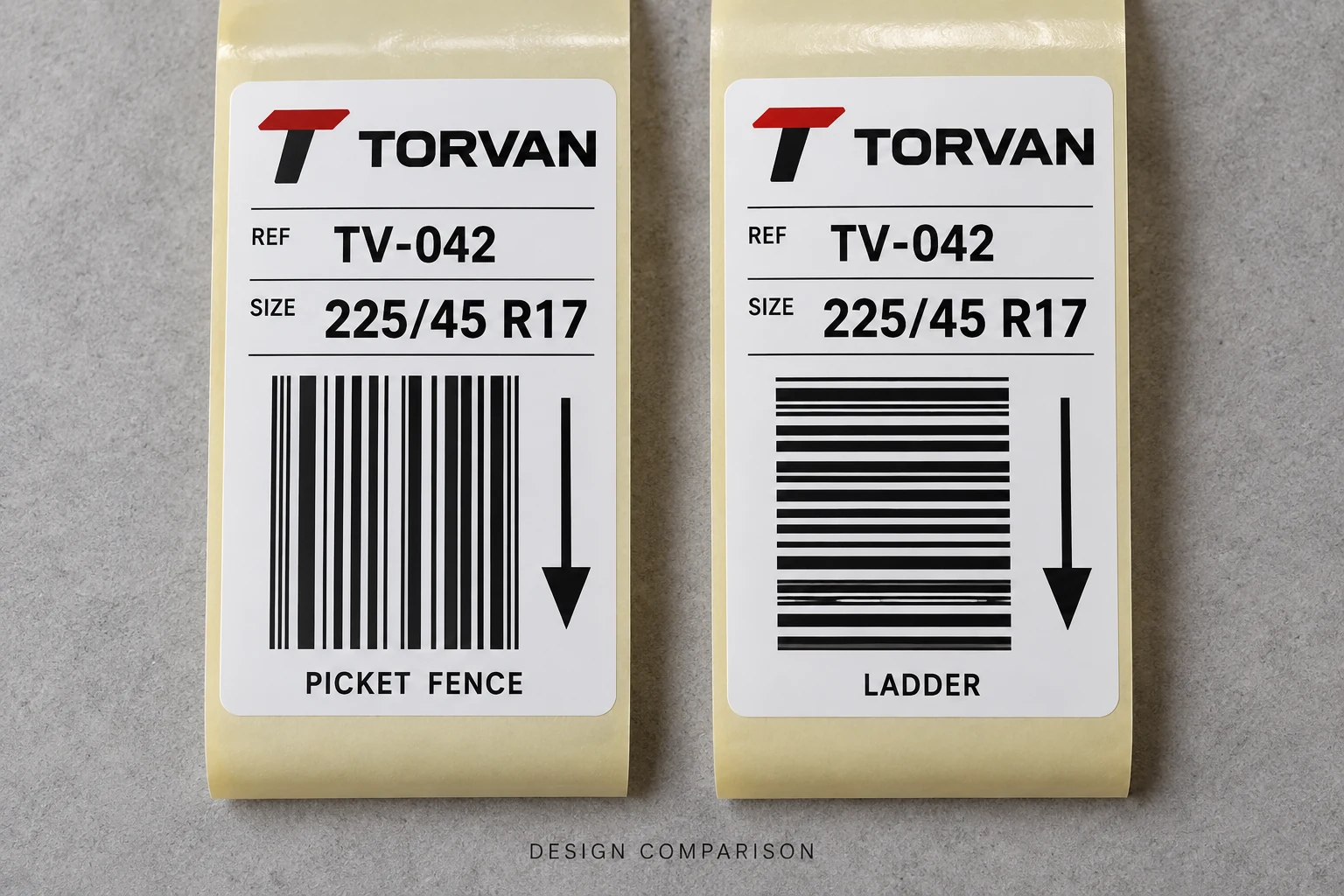 Two fictional TORVAN labels compare picket-fence bars parallel to downward travel with ladder bars perpendicular to travel