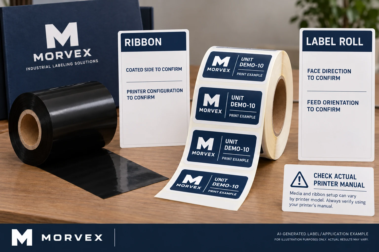 Separate ribbon and label-roll specification cards beside a black ribbon roll and a populated MORVEX label roll.