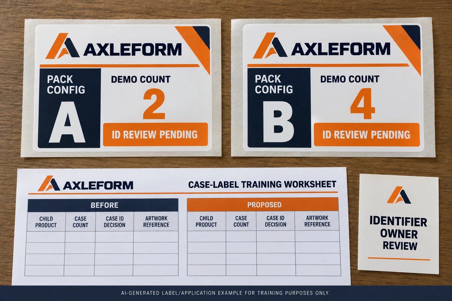 A before-and-after case configuration sheet connects product reference, case count, identifier decision and artwork revision.